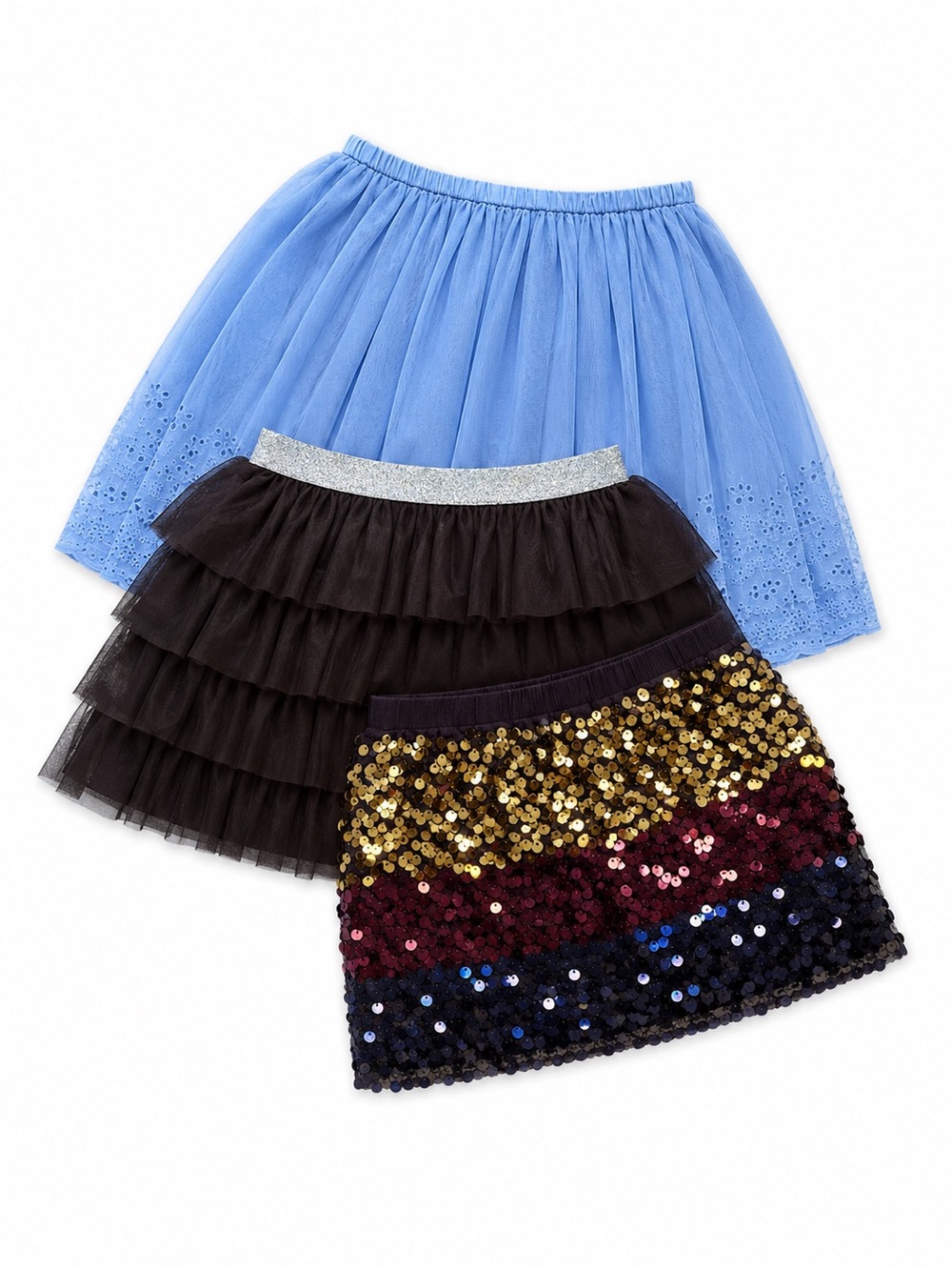Girls Skirt Lot of 3 – Blue Tulle, Black Ruffle Tutu & Sequin Skirt – Kids